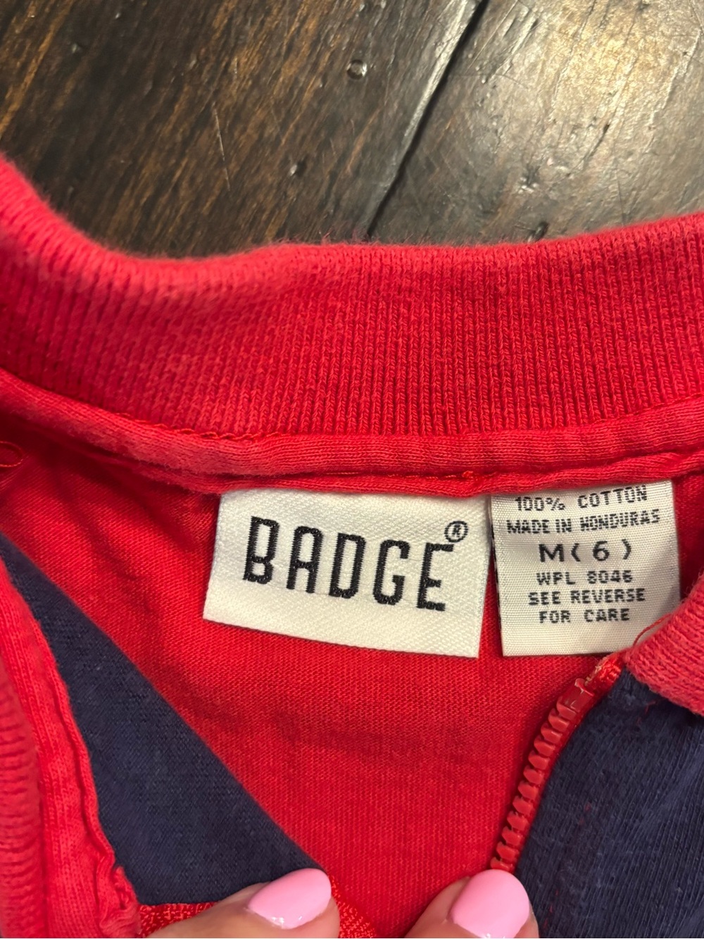 Vintage badge Kids Long-Sleeve Polo Shirt - Red & Navy Stripe size m/6 - Picture 2 of 3